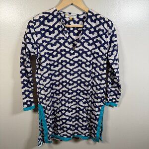 Roberta Roller Rabbit Kurta Tunic Top Size Small Blue Broken Cirlce Print